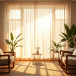 Soft golden light filtering through peaceful therapy office with comfortable chairs and plants, serene healing environment, no text no words no letters