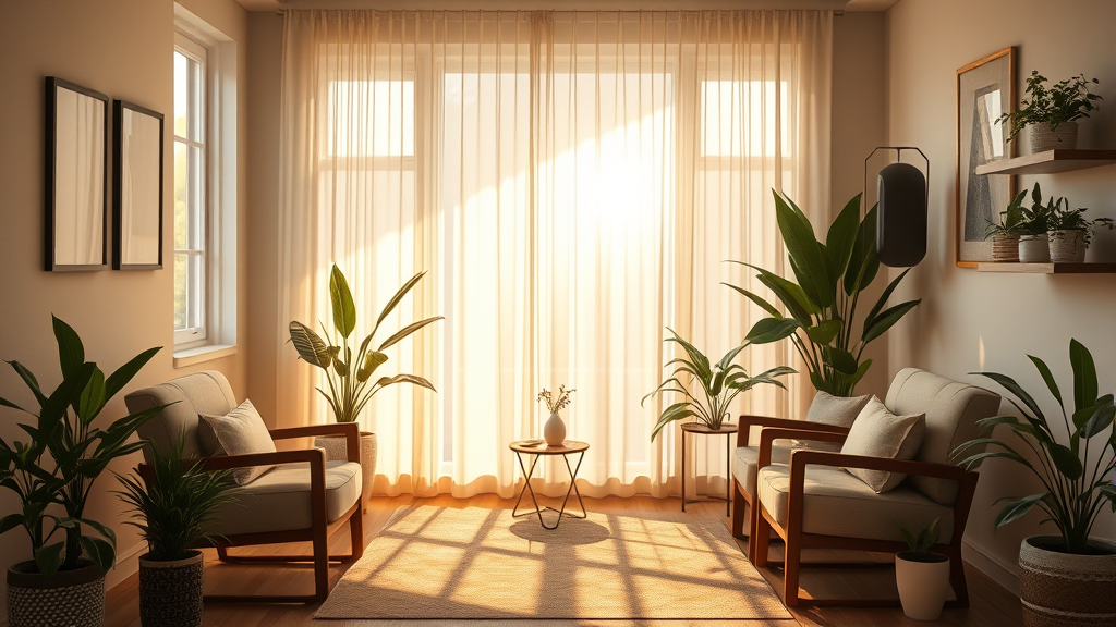 Soft golden light filtering through peaceful therapy office with comfortable chairs and plants, serene healing environment, no text no words no letters