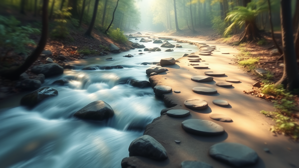 Abstract representation of healing journey with gentle flowing paths through calm forest setting, peaceful transformation, no text no words no letters