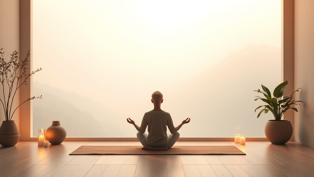 Serene mindfulness scene with soft meditation space, warm lighting, tranquil emotional balance and inner peace, no text no words no letters