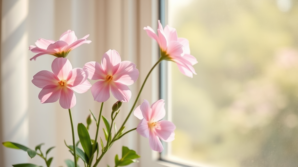 Soft morning light filtering through window onto gentle pink flowers representing healing and hope no text no words no letters