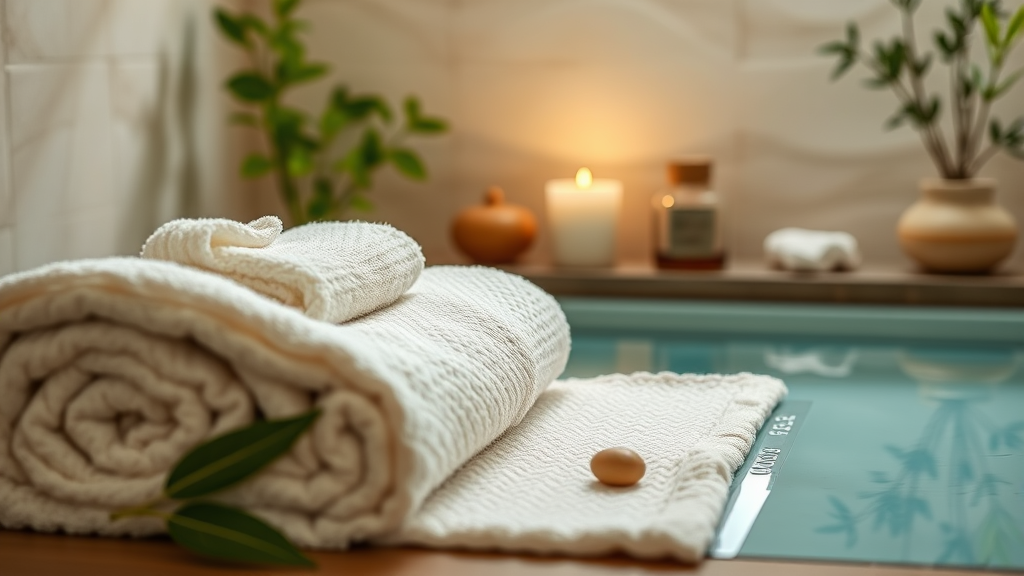 Peaceful spa setting with soft towels and calming natural elements representing self care and healing no text no words no letters