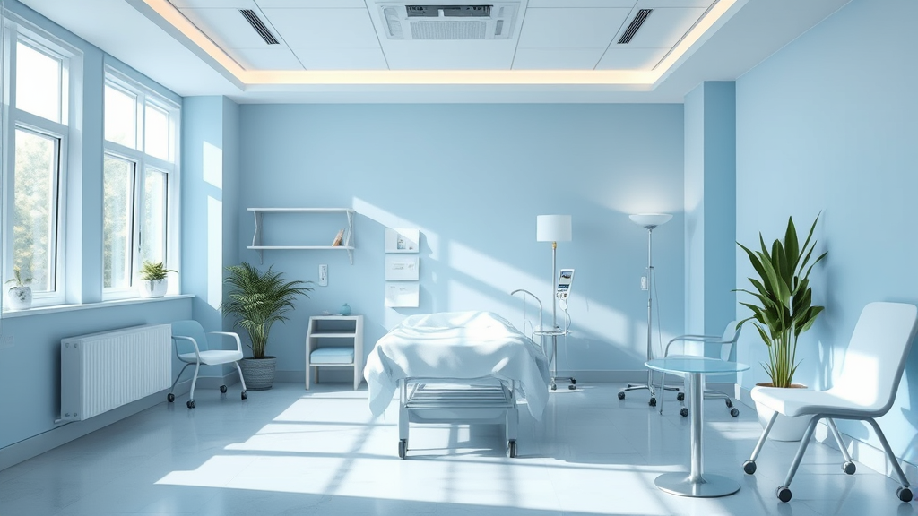 Peaceful rehabilitation setting with soft natural lighting and calming blue tones conveying healing and support, no text no words no letters