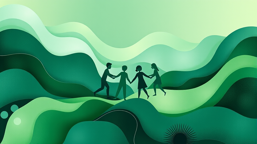 Abstract representation of teamwork and healing with flowing organic shapes in soothing greens and blues, no text no words no letters