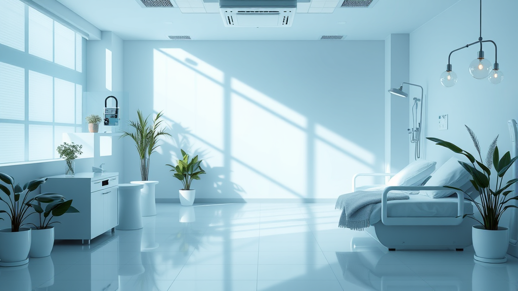 Peaceful healthcare setting with soft natural lighting and calming blue tones representing wellness and healing journey, no text, no words, no letters