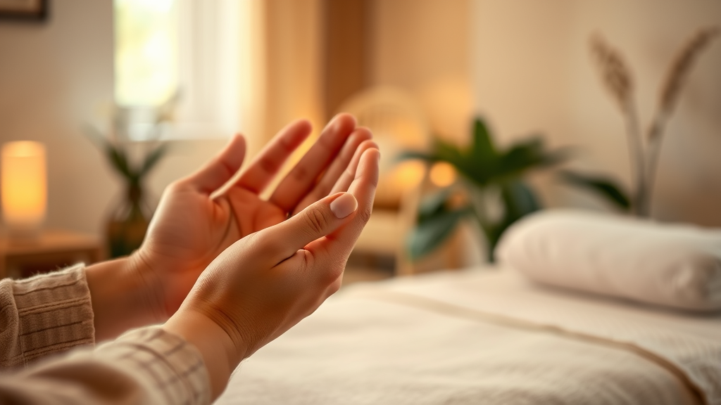 Serene therapy environment with gentle hands in supportive gesture, warm lighting, healing atmosphere, no text, no words, no letters