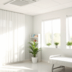 Soft sunlight streaming through windows in peaceful healthcare setting with gentle colors and calming atmosphere no text no words no letters