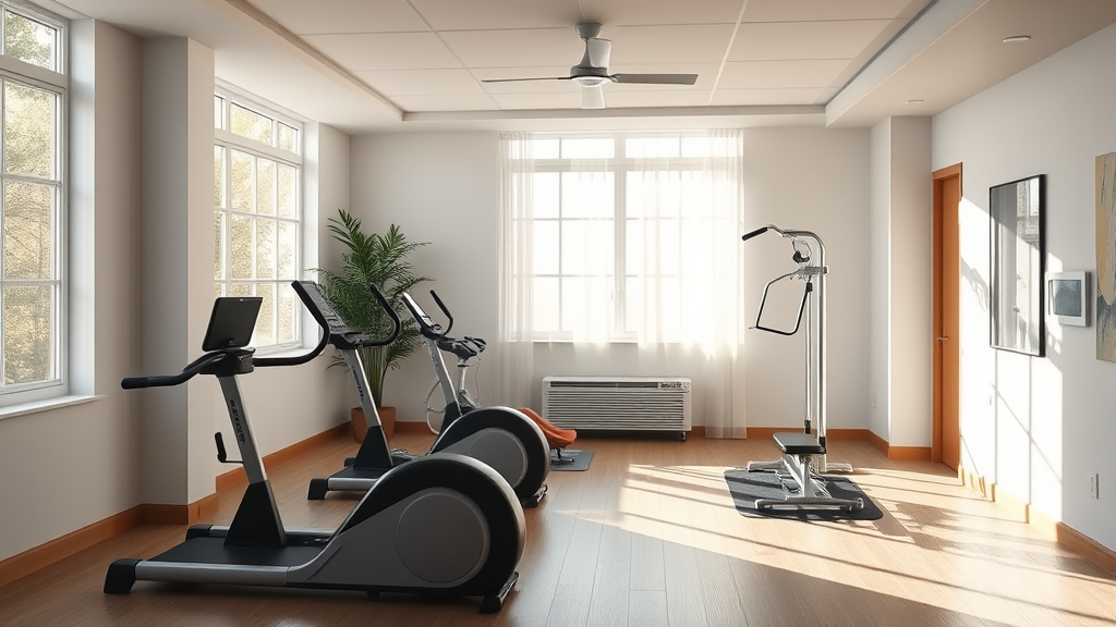 Serene therapy room with exercise equipment bathed in natural light creating welcoming healing environment no text no words no letters