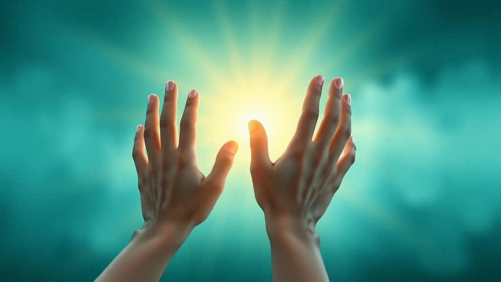 Abstract representation of helping hands reaching toward light symbolizing support and recovery in calming blues and greens no text no words no letters