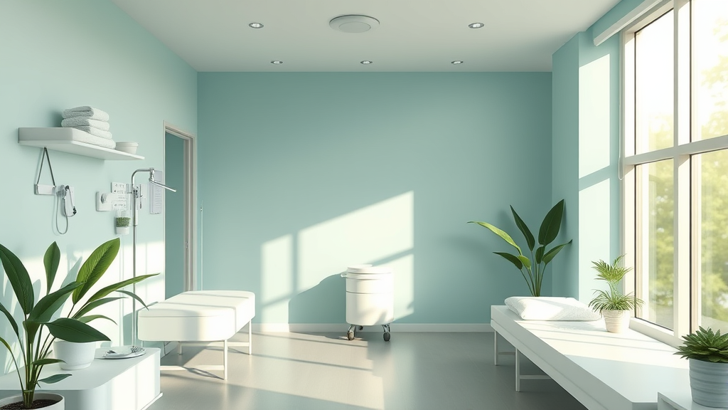Peaceful healthcare environment with soft natural lighting, calming blue and green tones, wellness concept, serene atmosphere, no text no words no letters