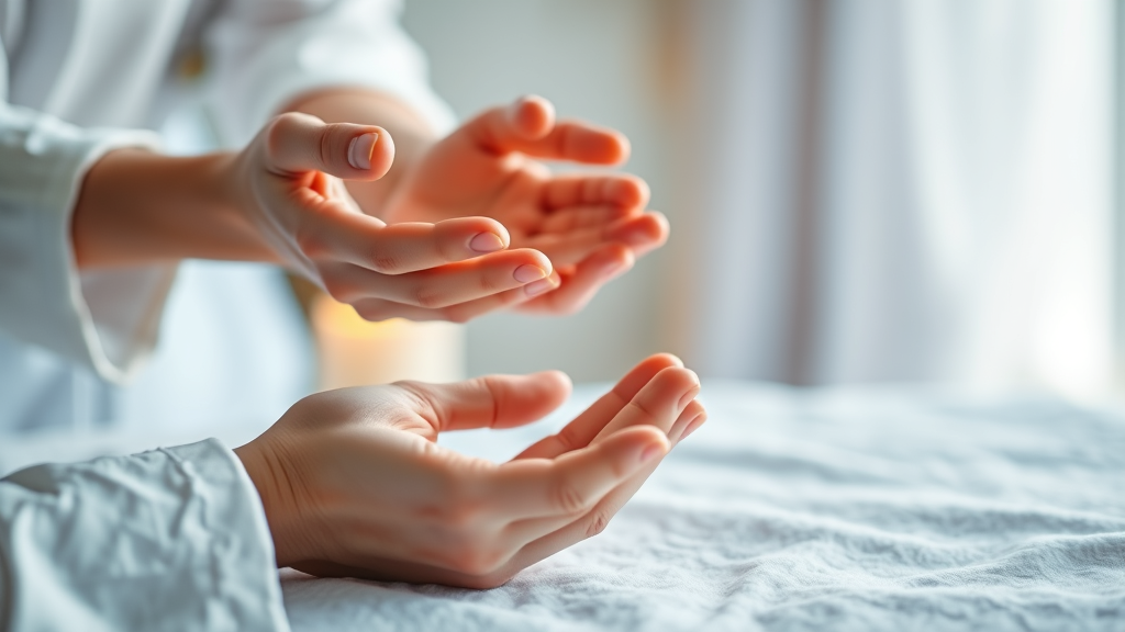 Gentle therapy setting with warm lighting, abstract wellness imagery, healing hands concept, tranquil blues and whites, no text no words no letters