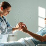 Serene healthcare professional in soft natural lighting helping patient with gentle rehabilitation exercises calming blue and green tones no text no words no letters