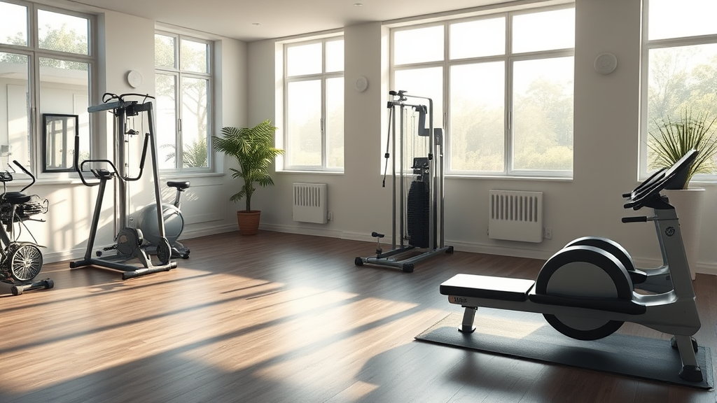Peaceful therapy room with exercise equipment soft morning light streaming through windows creating calm healing environment no text no words no letters