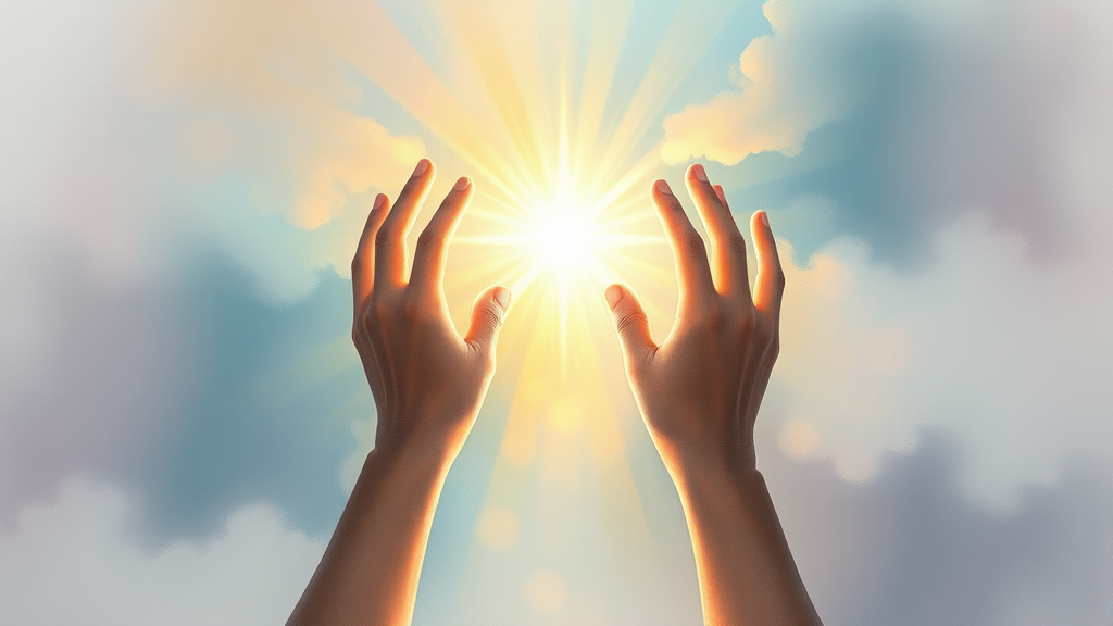 Abstract representation of healing hands reaching upward with flowing light representing hope and recovery journey soft pastels no text no words no letters