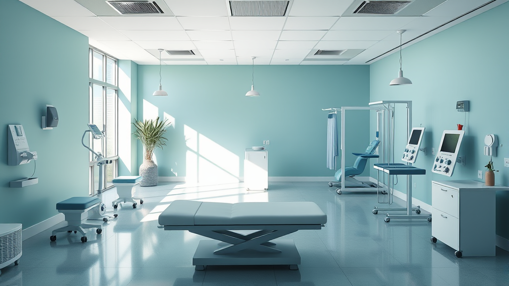 Peaceful rehabilitation center with soft natural lighting, calming blue and green tones, modern therapy equipment, serene healing environment, no text no words no letters