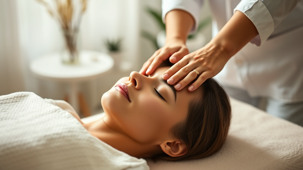 Gentle hands performing therapeutic massage on peaceful patient, warm lighting, healing touch, professional care setting, soothing atmosphere, no text no words no letters