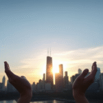 Serene Chicago skyline with soft morning light and healing hands reaching upward, peaceful recovery concept, no text no words no letters
