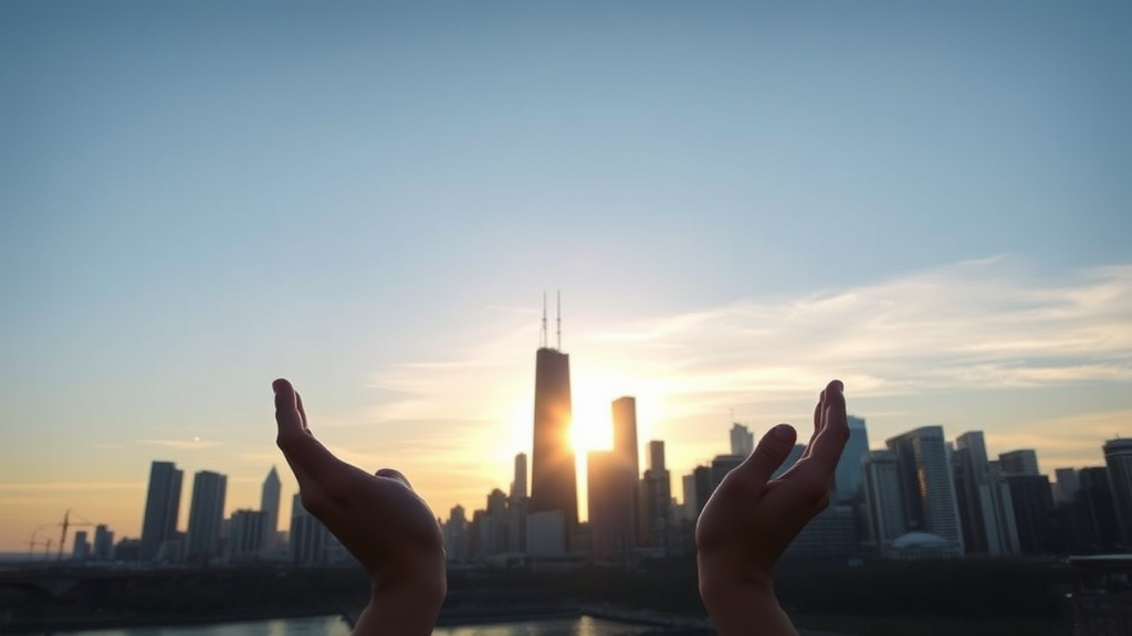 Serene Chicago skyline with soft morning light and healing hands reaching upward, peaceful recovery concept, no text no words no letters