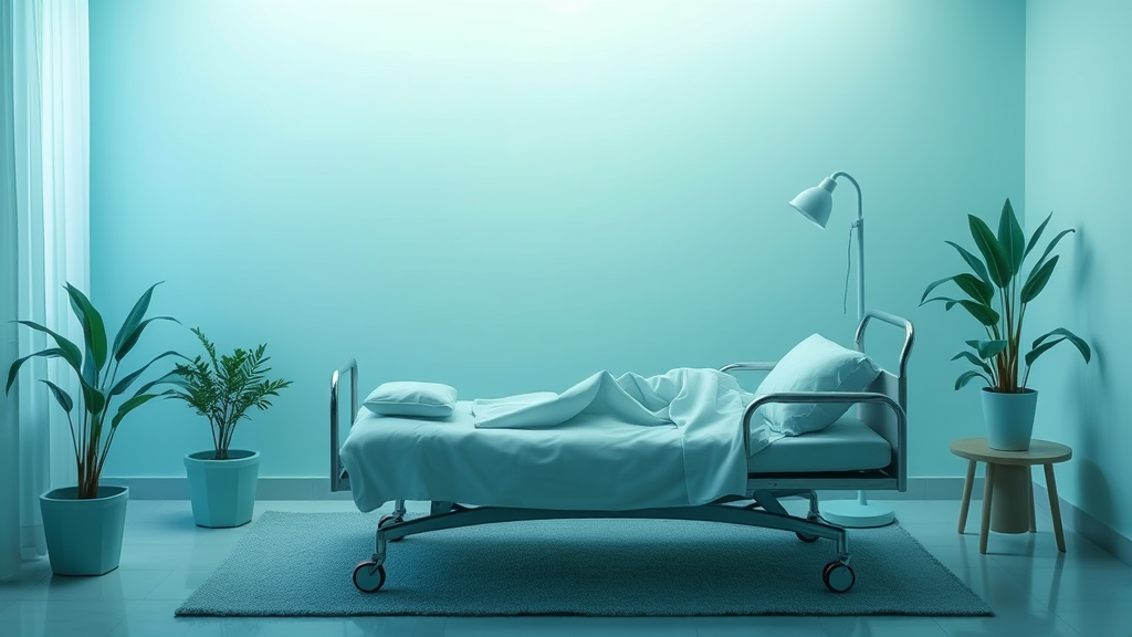 Gentle therapy session with calming blue and green tones, peaceful rehabilitation environment, no text no words no letters