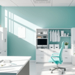 Peaceful healthcare office setting with soft natural lighting, calming blue and green tones, organized desk with medical charts, serene atmosphere, no text no words no letters