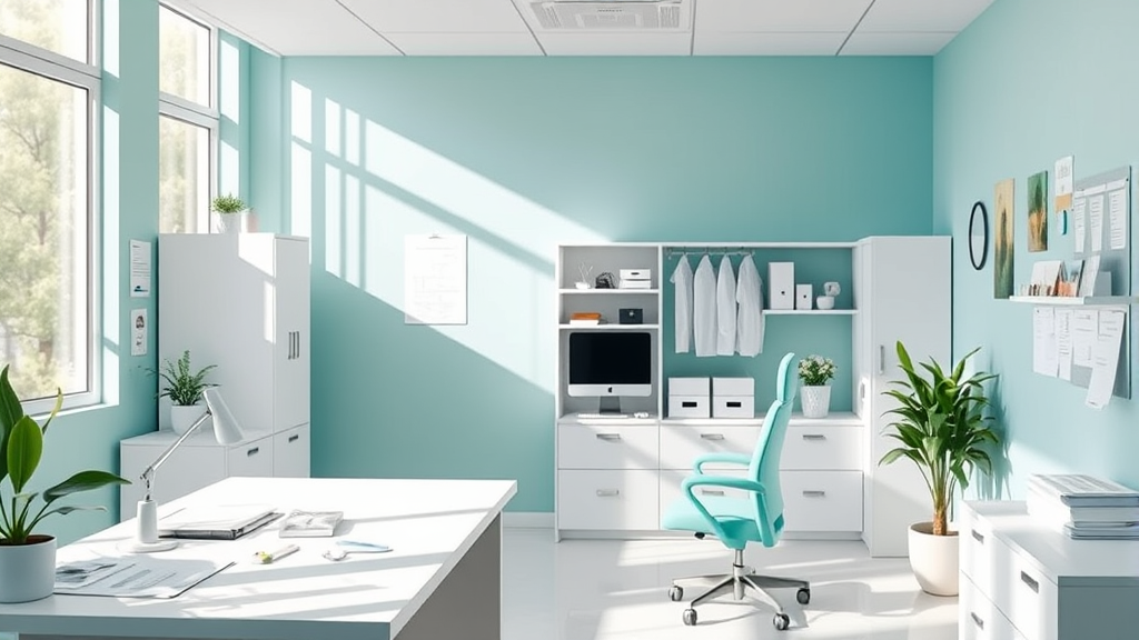 Peaceful healthcare office setting with soft natural lighting, calming blue and green tones, organized desk with medical charts, serene atmosphere, no text no words no letters