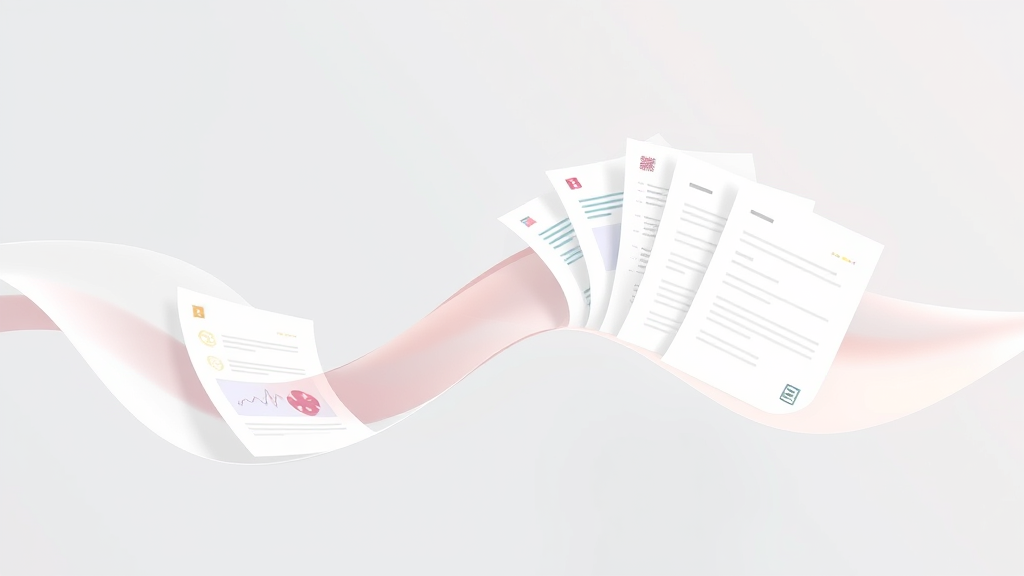 Abstract representation of organized medical documents flowing smoothly, gentle pastel colors, minimalist design suggesting efficiency and calm, no text no words no letters