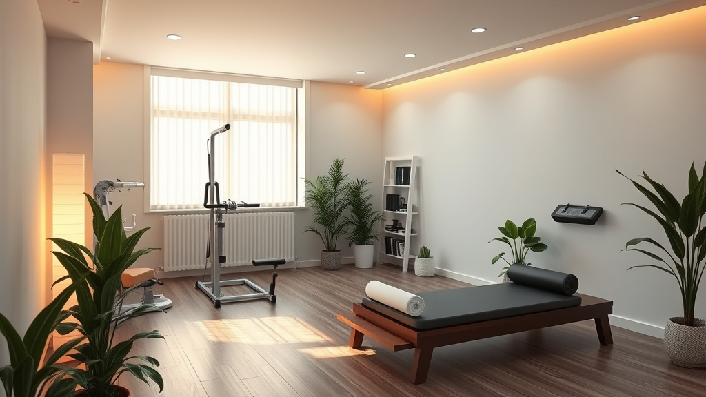Serene therapy room with exercise equipment, warm lighting, plants, conveying professional care and tranquility, healing environment, no text no words no letters