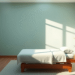 Peaceful therapy room with soft natural lighting, calming blue and green tones, serene wellness atmosphere, no text no words no letters