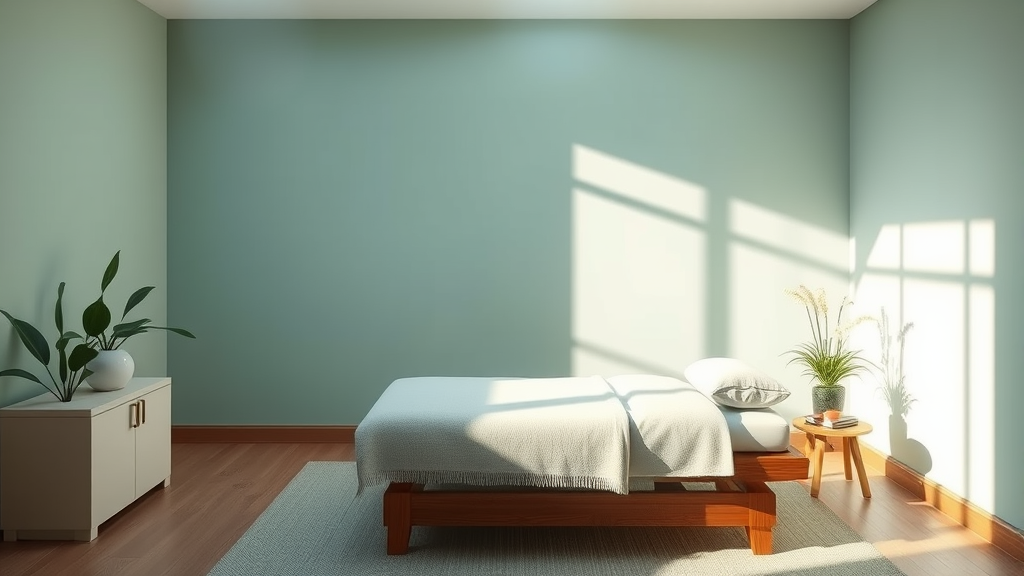 Peaceful therapy room with soft natural lighting, calming blue and green tones, serene wellness atmosphere, no text no words no letters