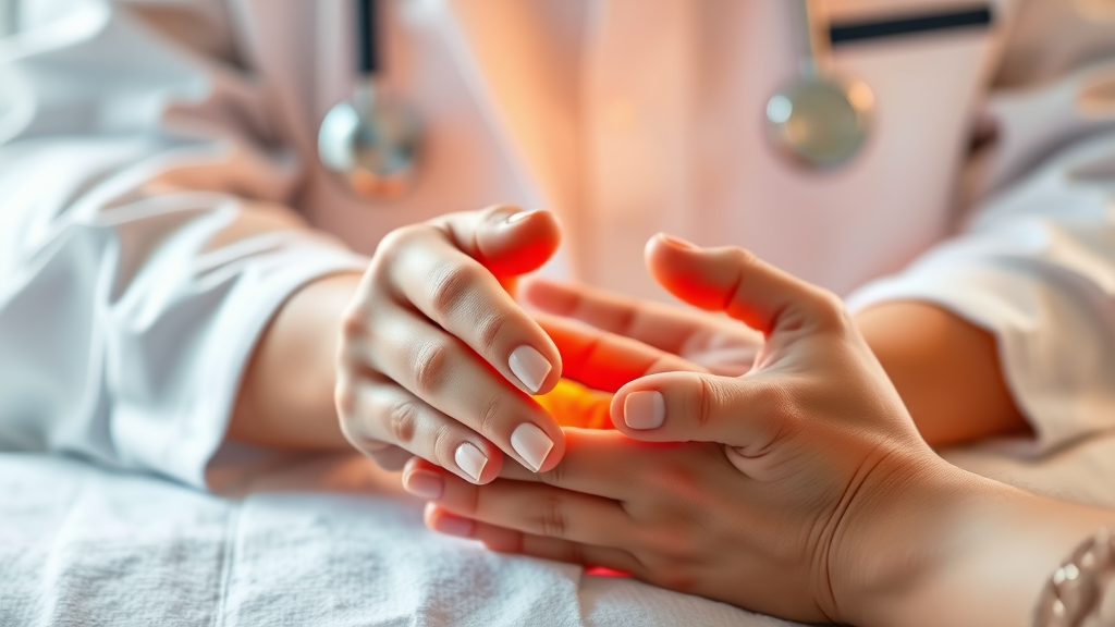 Gentle hands providing therapeutic care, warm lighting, healing touch concept, peaceful medical setting, no text no words no letters