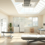 Peaceful rehabilitation center with soft natural lighting, modern therapy equipment, calming atmosphere, healing environment, no text no words no letters