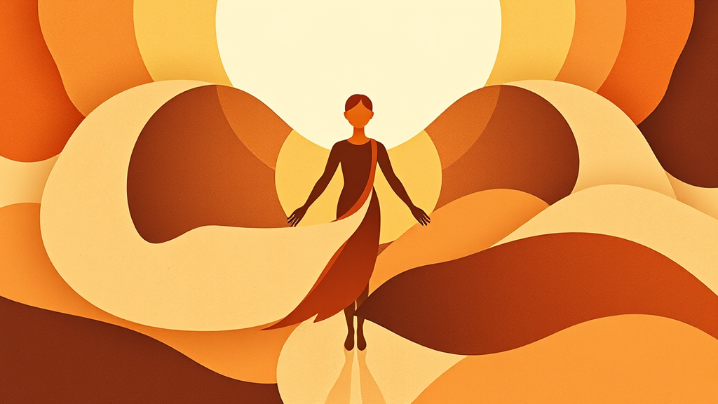 Abstract representation of core strength and stability, flowing geometric shapes in warm earth tones, peaceful movement concept, no text no words no letters