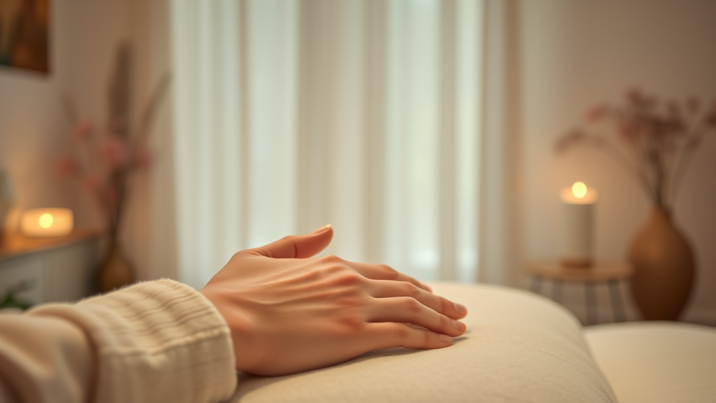 Tranquil therapy environment with gentle hands-on treatment, soft ambient lighting, healing touch concept in muted pastels, no text no words no letters