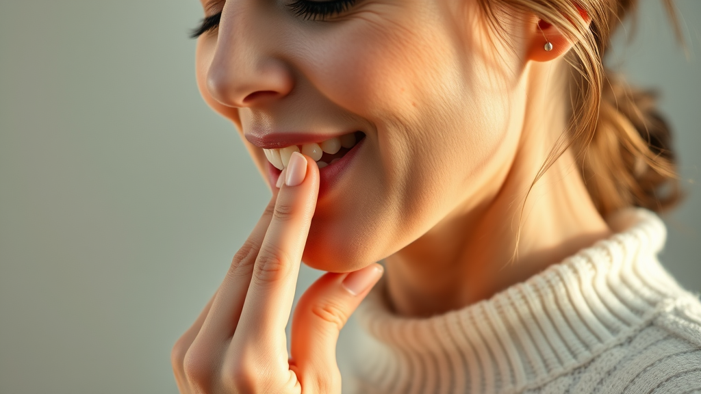 Serene woman touching jaw gently with soft natural lighting representing TMJ relief and healing no text no words no letters