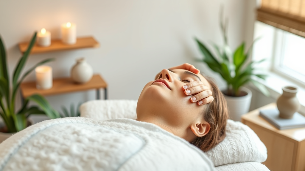 Peaceful therapy room with gentle hands performing jaw massage techniques calming environment no text no words no letters