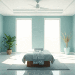 Serene wellness center interior with soft natural lighting, healing atmosphere, calming blue and green tones, peaceful treatment space, no text no words no letters