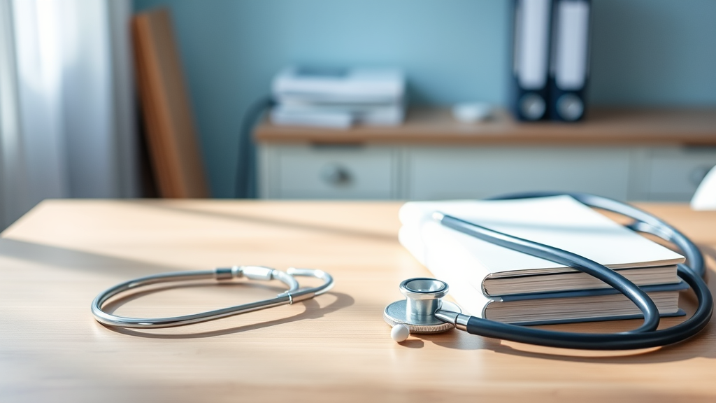 Peaceful medical setting with soft natural lighting, stethoscope and books on wooden desk, calming blue and white tones, professional yet serene atmosphere, no text no words no letters