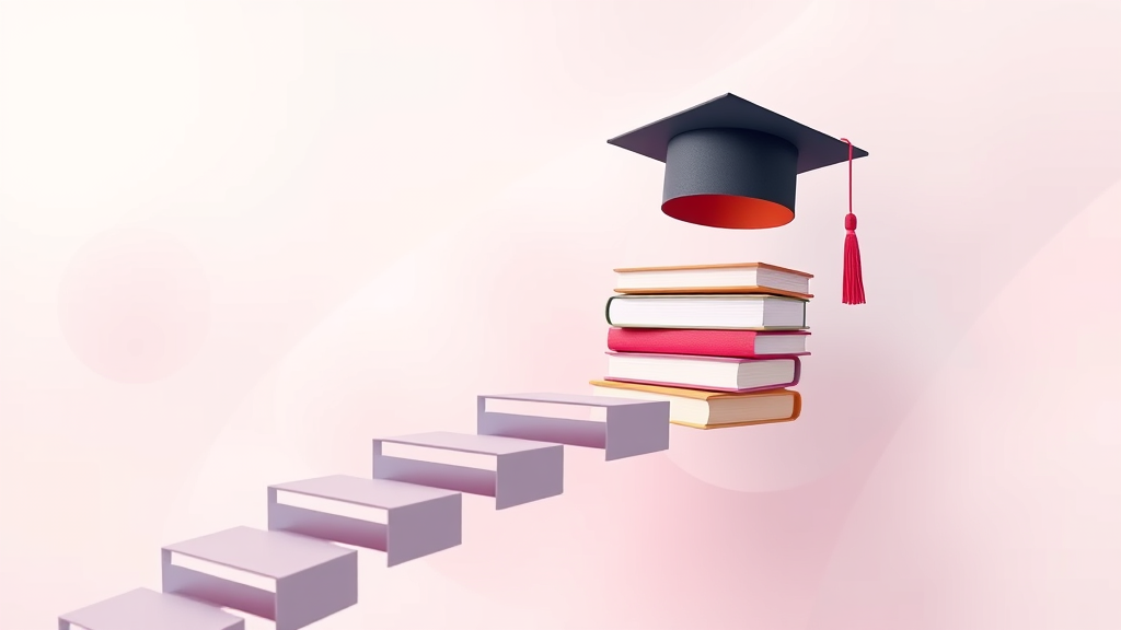 Abstract representation of academic journey with floating books, graduation cap, soft pastel colors, dreamy educational pathway concept, serene and hopeful, no text no words no letters