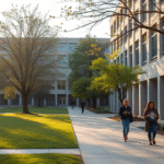 Peaceful college campus with modern buildings, soft morning light, students walking with books, serene academic environment, no text no words no letters