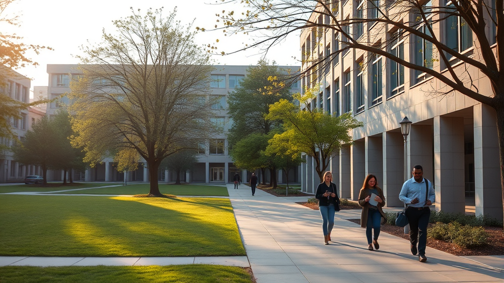 Peaceful college campus with modern buildings, soft morning light, students walking with books, serene academic environment, no text no words no letters