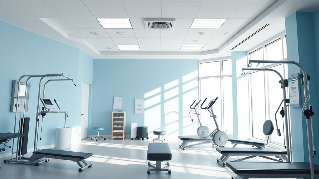 Bright therapy clinic interior with exercise equipment, natural lighting, calming blue and white colors, professional healthcare setting, no text no words no letters