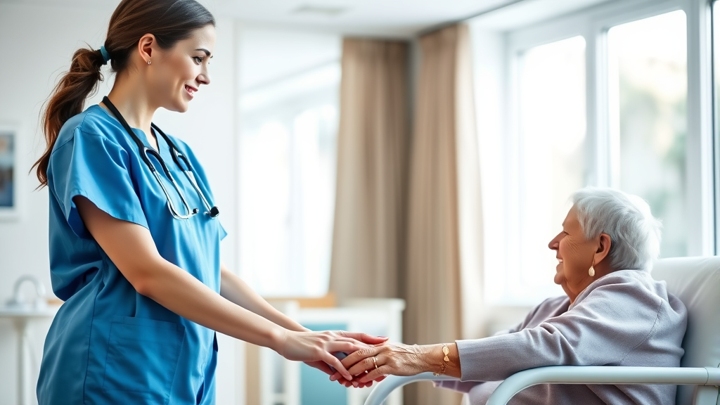 Serene healthcare professional in calming blue scrubs holding hands with elderly patient in bright rehabilitation setting with soft natural lighting no text no words no letters