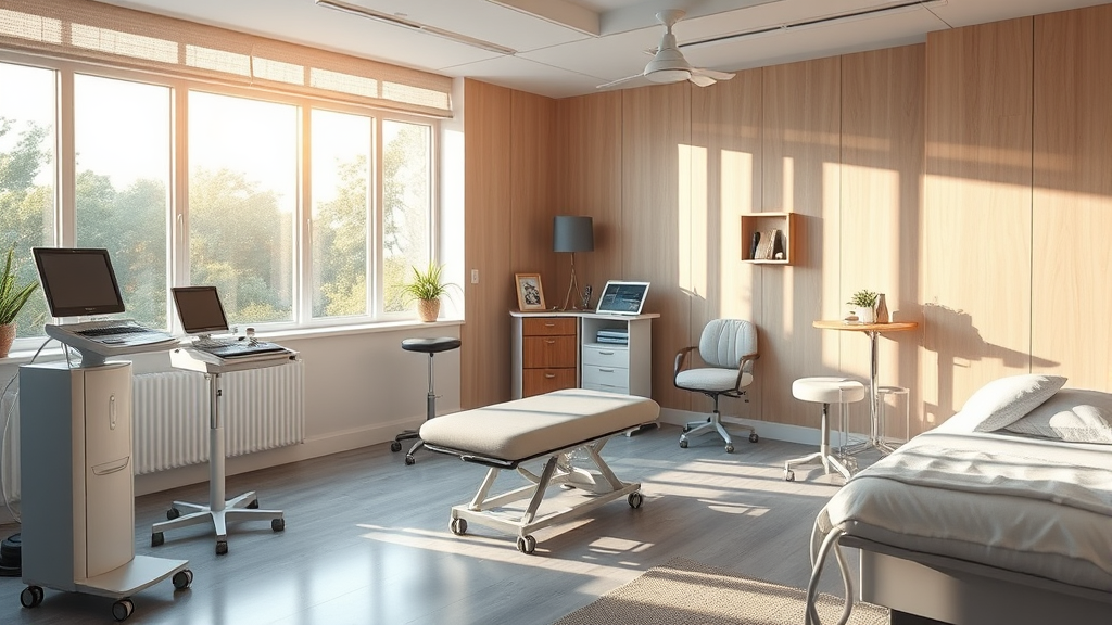 Peaceful therapy room with modern equipment gentle morning light streaming through windows creating warm atmosphere for healing and recovery no text no words no letters