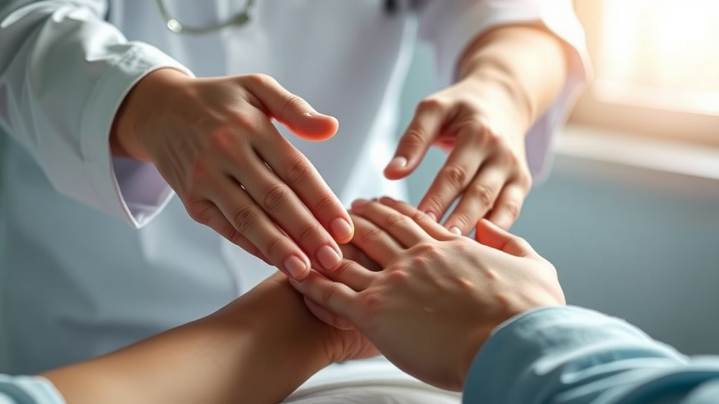 Gentle hands supporting healing patient rehabilitation soft natural lighting calming healthcare environment serenity wellness recovery no text no words no letters