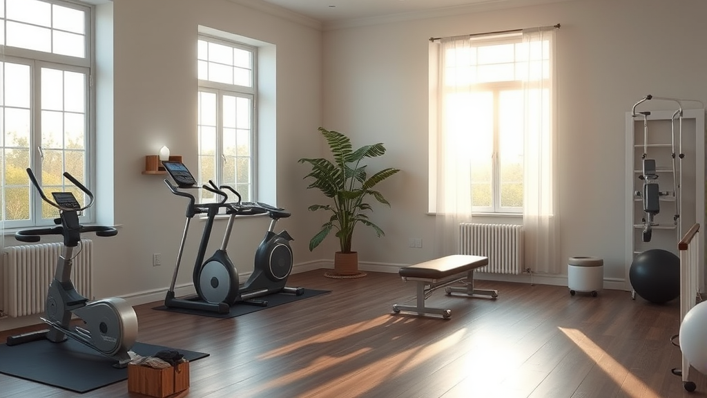 Peaceful therapy room with exercise equipment soft afternoon light through windows calm healing space professional healthcare setting no text no words no letters