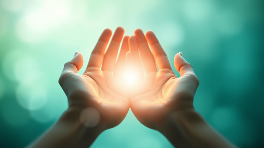 Abstract representation of healing hands reaching toward light gentle blue and green tones conveying hope recovery transformation no text no words no letters