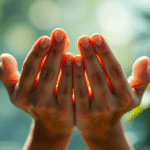 Gentle hands supporting healing journey, soft natural lighting, calming blues and greens, wellness and recovery concept, no text no words no letters