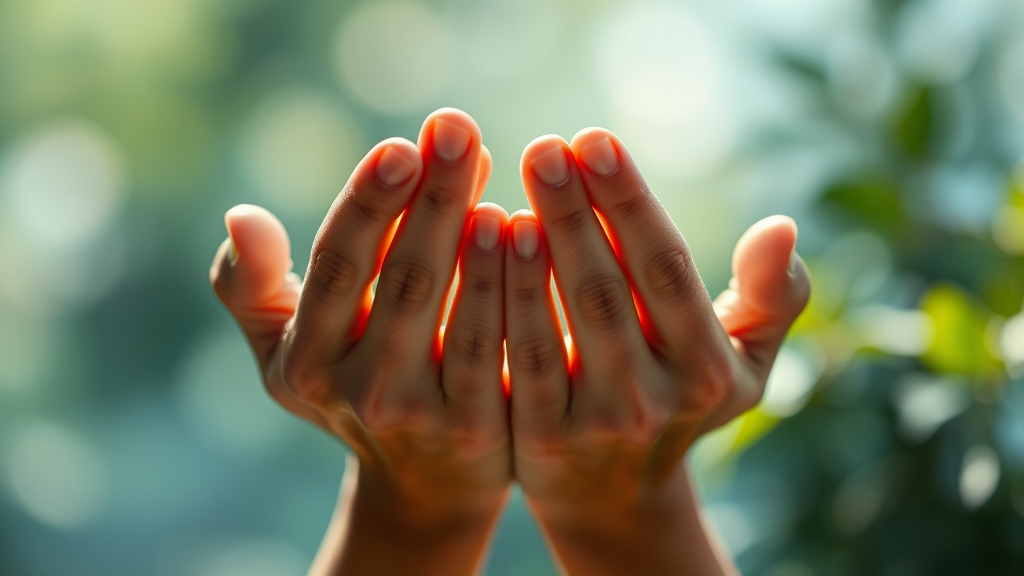 Gentle hands supporting healing journey, soft natural lighting, calming blues and greens, wellness and recovery concept, no text no words no letters