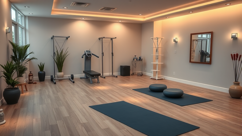 Peaceful therapy space with exercise equipment, warm lighting, professional healthcare environment, healing atmosphere, no text no words no letters