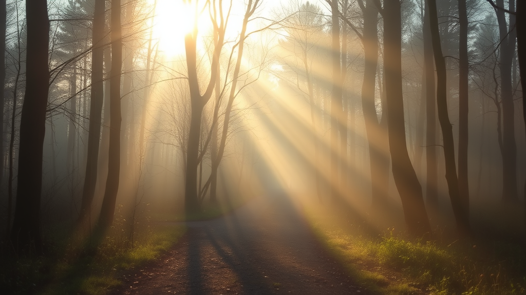 Peaceful morning light filtering through misty forest path, soft golden rays, serene nature scene, no text no words no letters